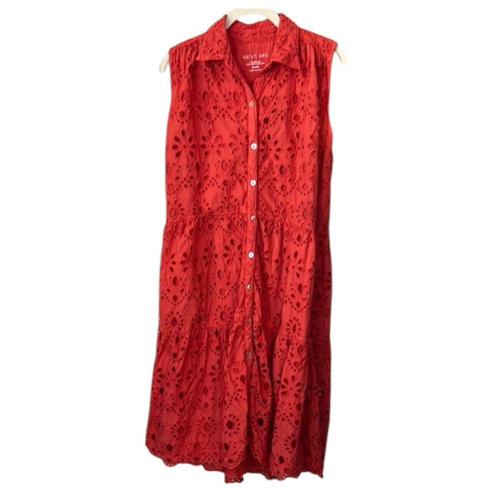 Karyn Seo Floral Eyelet Collared Neckline Sleeveless Midi Dress Size S - Picture 2 of 7